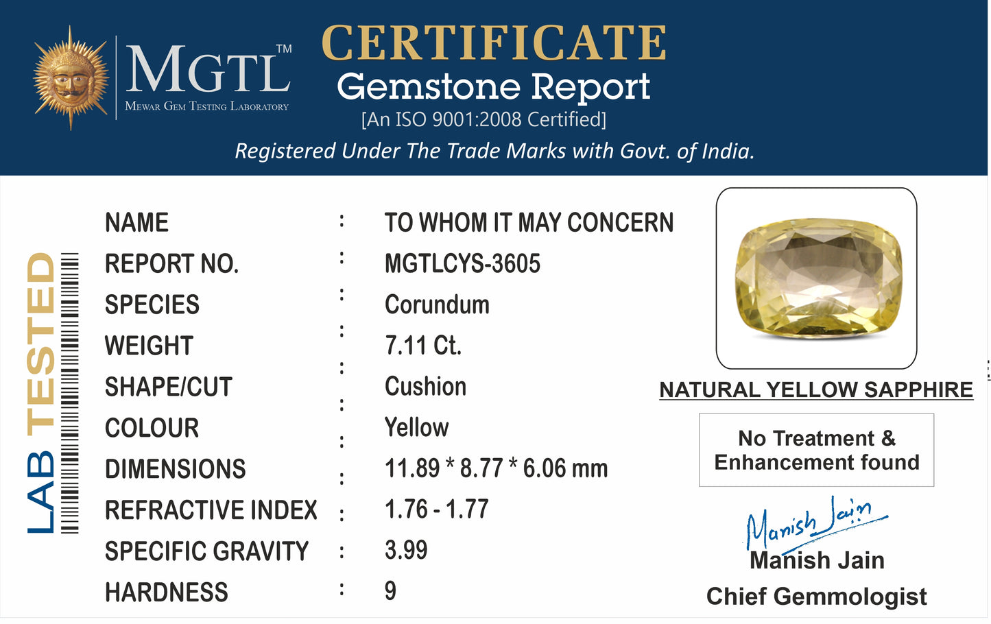 Yellow Sapphire - 7.11 Carats (Pukhraj - 7.75 Ratti)