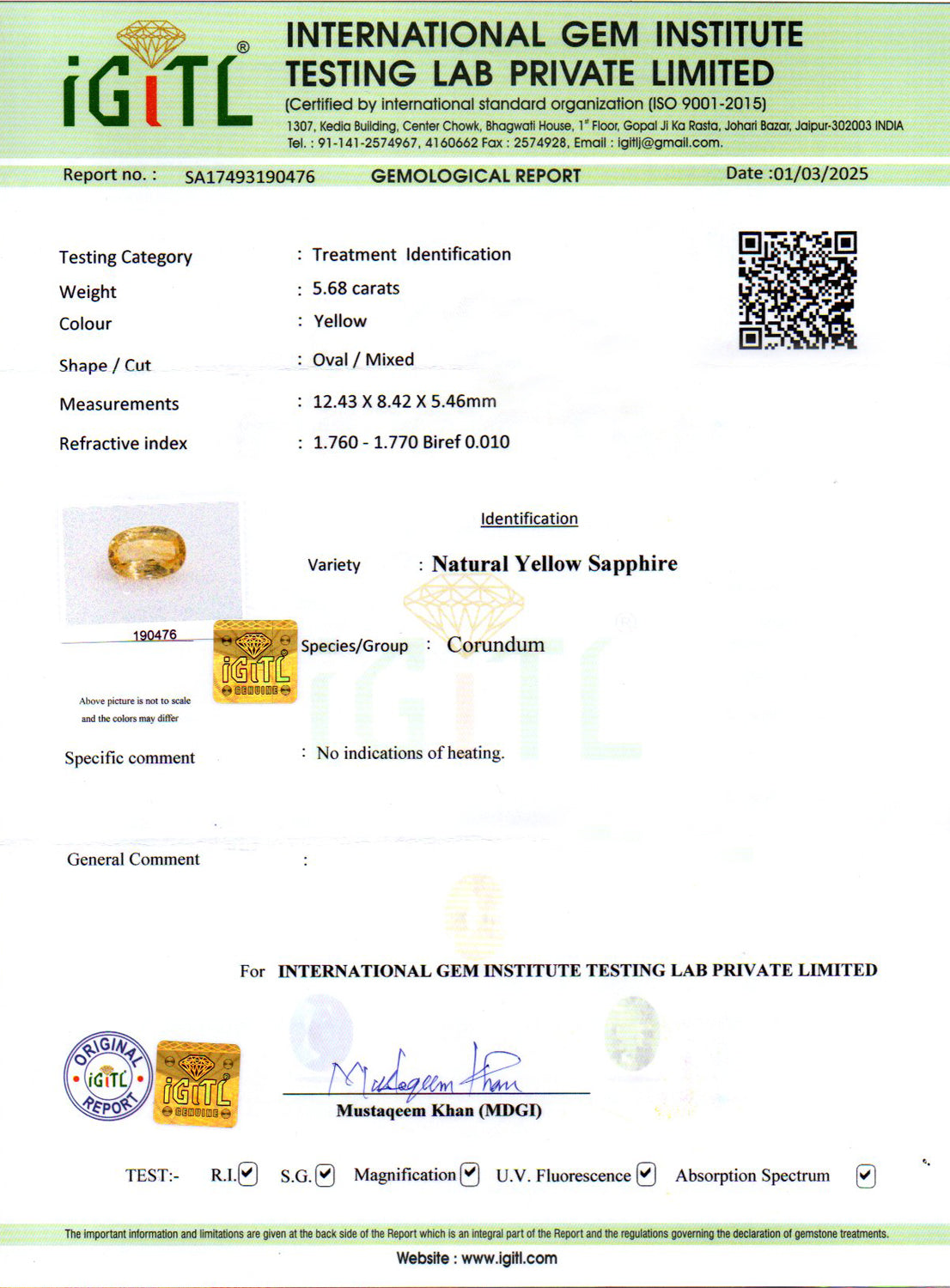 Yellow Sapphire (Pukhraj) - 5.68 Carats