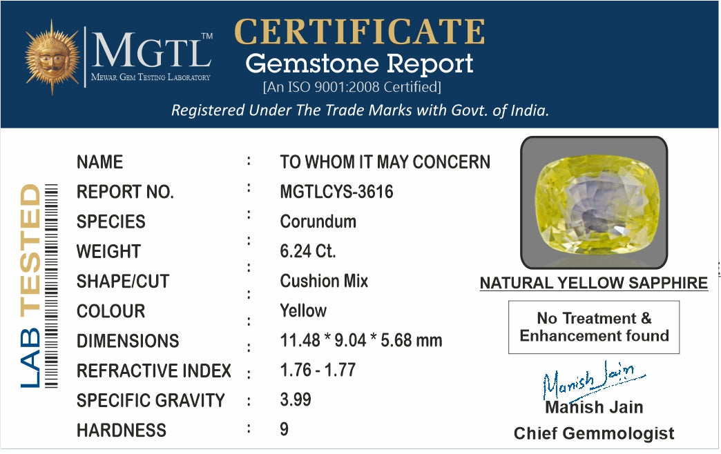 Yellow Sapphire - 6.24 Carats (Pukhraj - 6.80 Ratti)