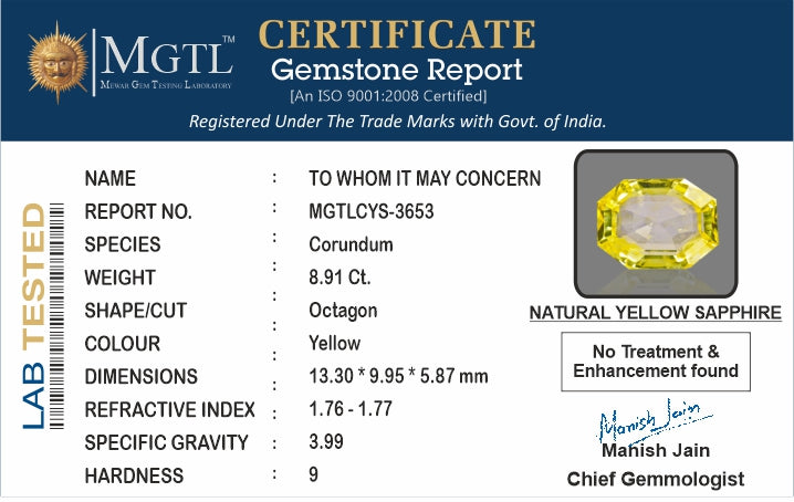 Yellow Sapphire - 8.91 Carats (Pukhraj - 9.71 Ratti)