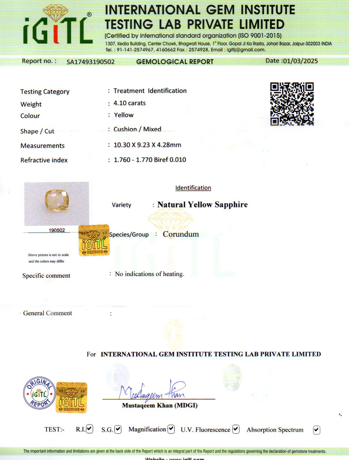 Yellow Sapphire - 4.10 Carats (Pukhraj - 4.47 Ratti)