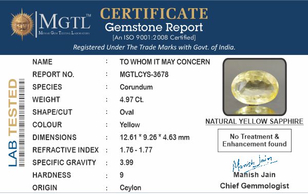 Yellow Sapphire - 4.97 Carats (Pukhraj - 5.42 Ratti)