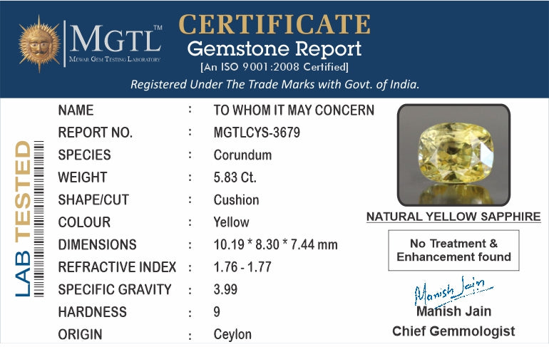 Yellow Sapphire - 5.83 Carats (Pukhraj - 6.35 Ratti)
