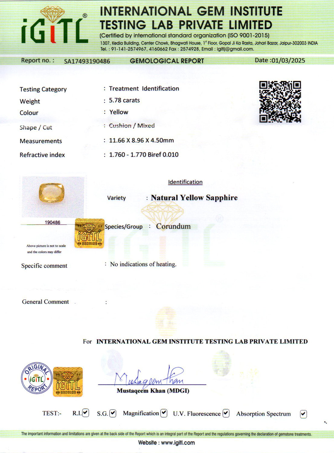 Yellow Sapphire - 5.78 Carats (Pukhraj - 6.30 Ratti)