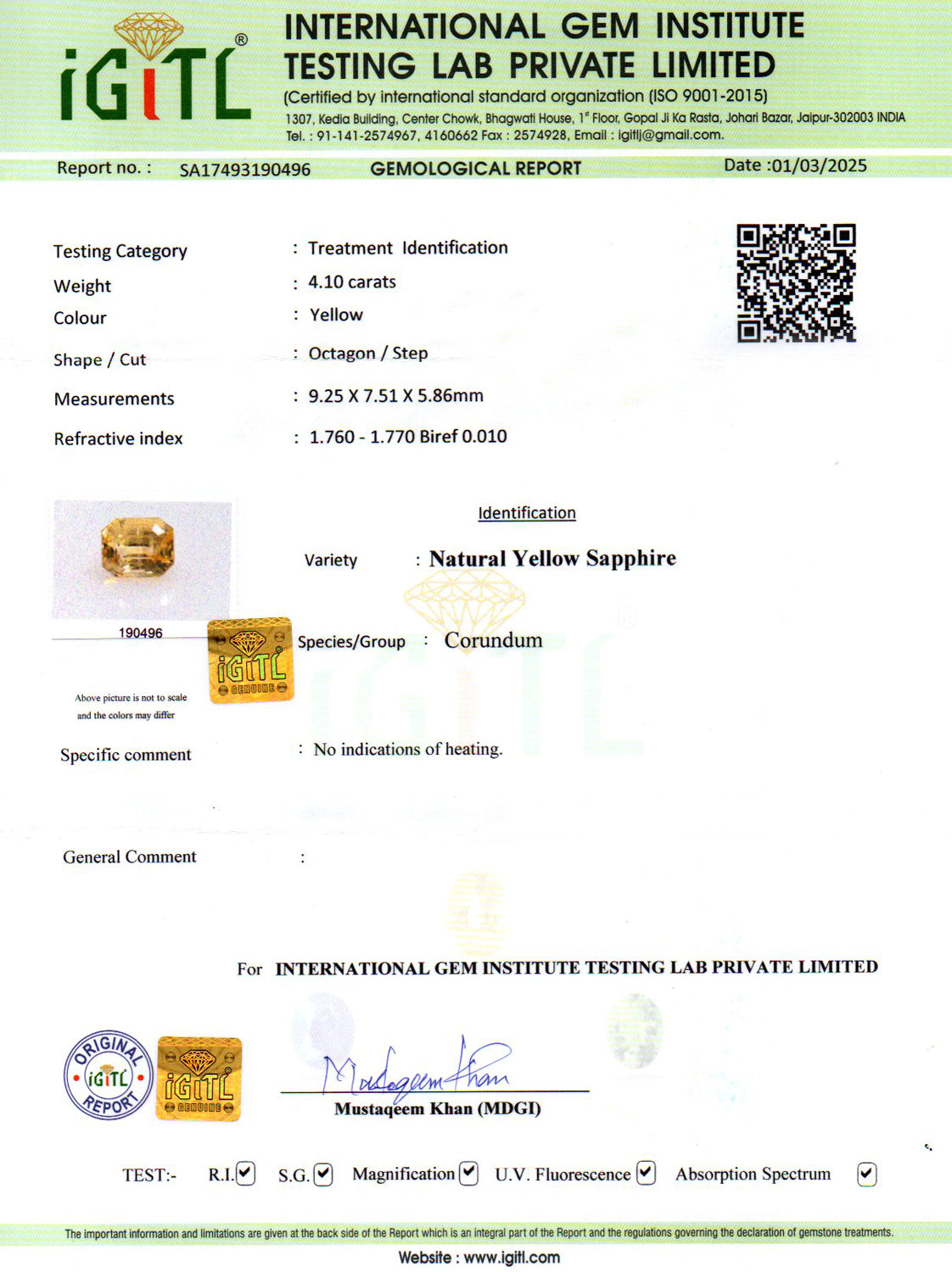 Yellow Sapphire - 4.10 Carats (Pukhraj - 4.47 Ratti)
