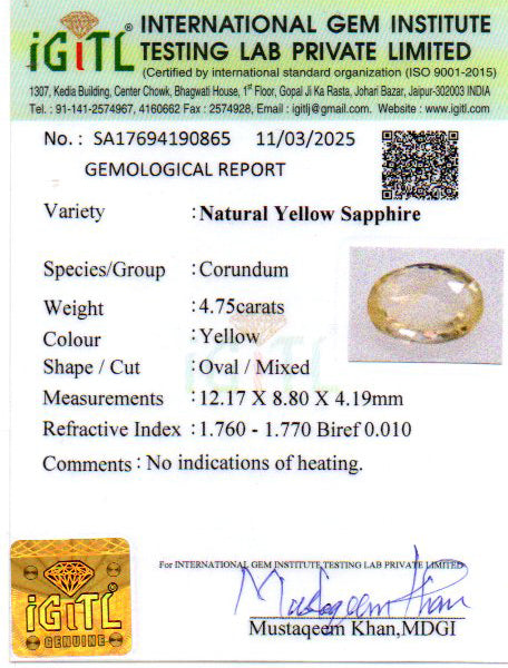 Yellow Sapphire - 4.75 Carats (Pukhraj - 5.25 Ratti)