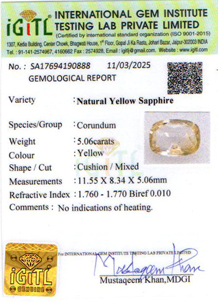 Yellow Sapphire - 5.06 Carats (Pukhraj - 5.52 Ratti)