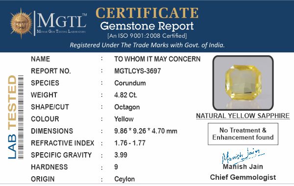 Yellow Sapphire - 4.82 Carats (Pukhraj - 5.25 Ratti)