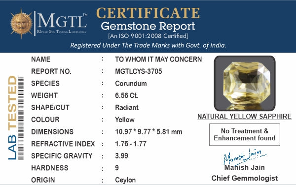 Yellow Sapphire - 6.56 Carats (Pukhraj - 7.15 Ratti)