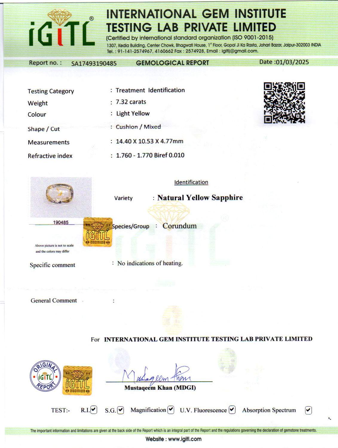 7.32 Carats Cushion Yellow Sapphire