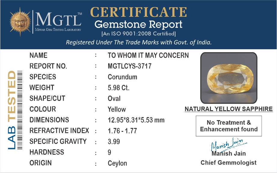 Yellow Sapphire - 5.98 Carats (Pukhraj - 6.52 Ratti)