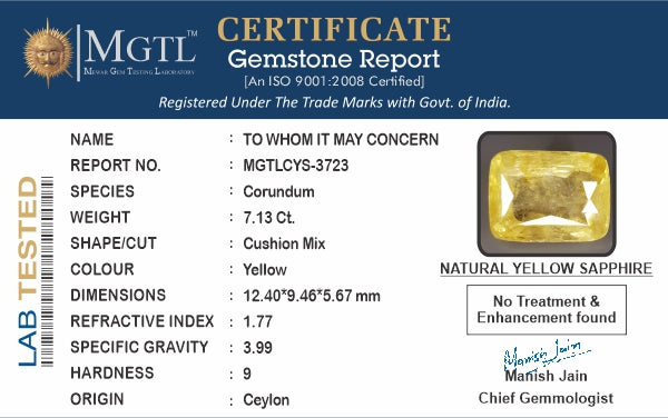 Yellow Sapphire - 7.13 Carats (Pukhraj - 7.77 Ratti)