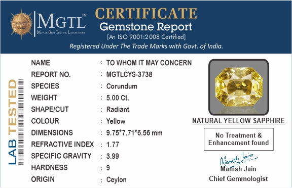 Yellow Sapphire - 5.00 Carats (Pukhraj - 5.45 Ratti)