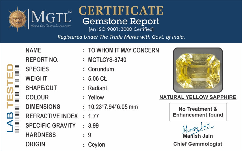 Yellow Sapphire - 5.06 Carats (Pukhraj - 5.52 Ratti)
