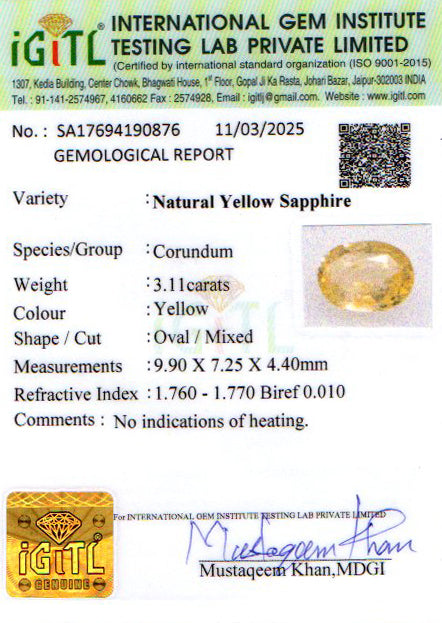 Yellow Sapphire - 3.11 Carats (Pukhraj - 3.39 Ratti)