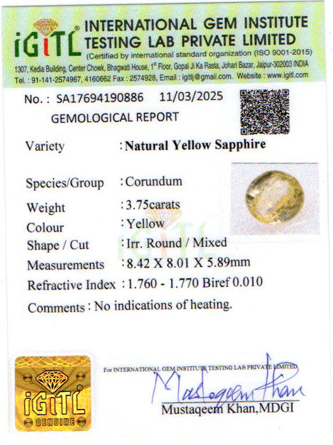 Yellow Sapphire - 3.75 Carats (Pukhraj - 4.09 Ratti)