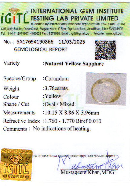 Yellow Sapphire - 3.76 Carats (Pukhraj - 4.10 Ratti)