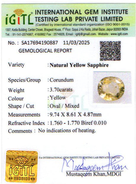 Yellow Sapphire - 3.70 Carats (Pukhraj - 4.03 Ratti)