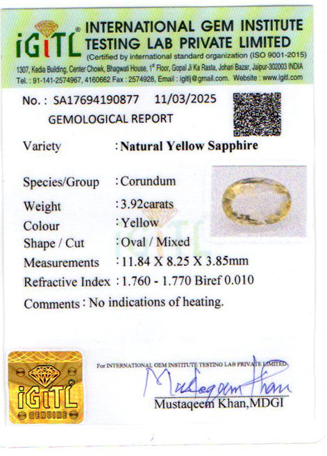 Yellow Sapphire - 3.92 Carats (Pukhraj - 4.27 Ratti)