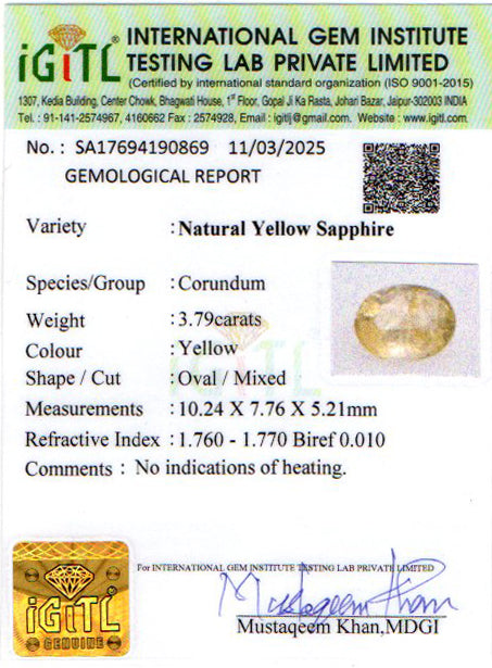 Yellow Sapphire - 3.79 Carats (Pukhraj - 4.13 Ratti)
