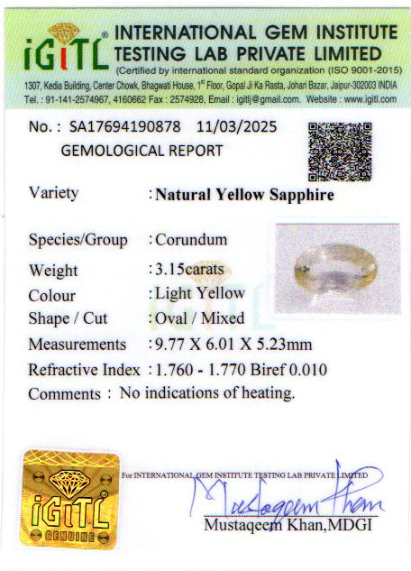 Yellow Sapphire (Pukhraj) - 3.16 Carats