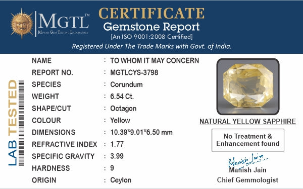 Yellow Sapphire - 6.54 Carats (Pukhraj - 7.13 Ratti)