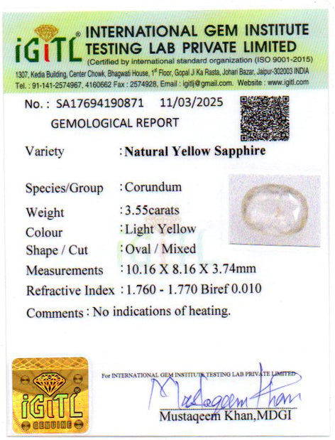 Yellow Sapphire - 3.55 Carats (Pukhraj - 3.87 Ratti)