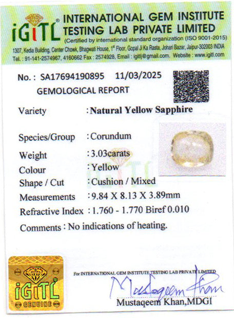 Yellow Sapphire - 3.03 Carats (Pukhraj - 3.30 Ratti)
