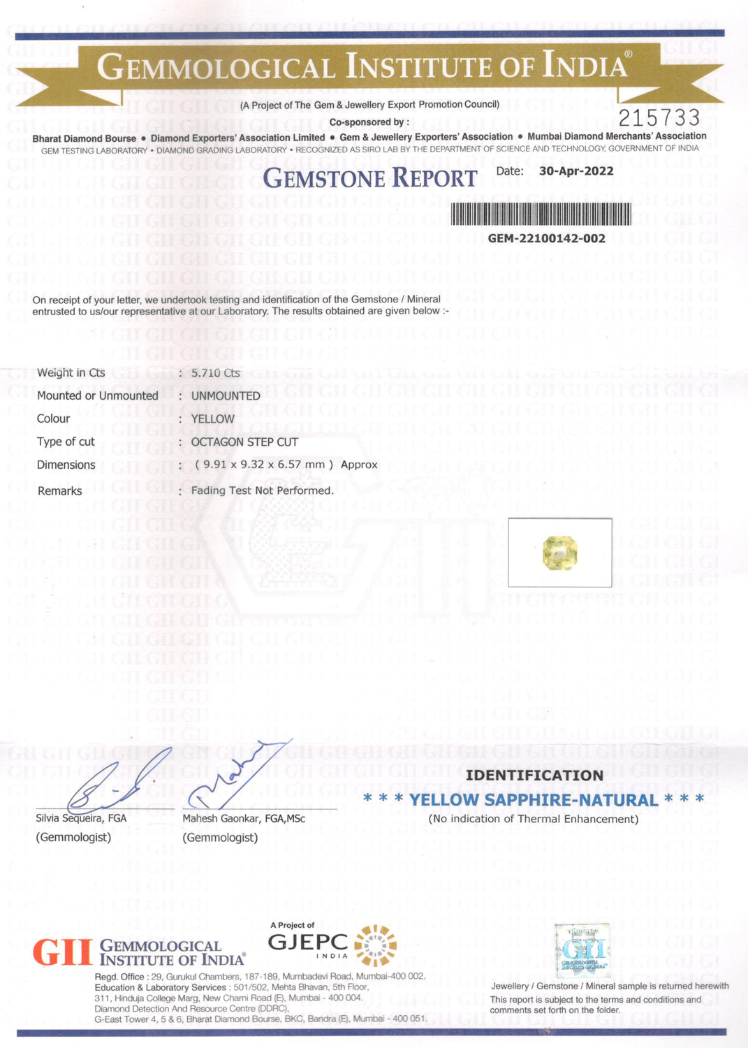 Yellow Sapphire - 5.71 Carats (Pukhraj - 6.22 Ratti)