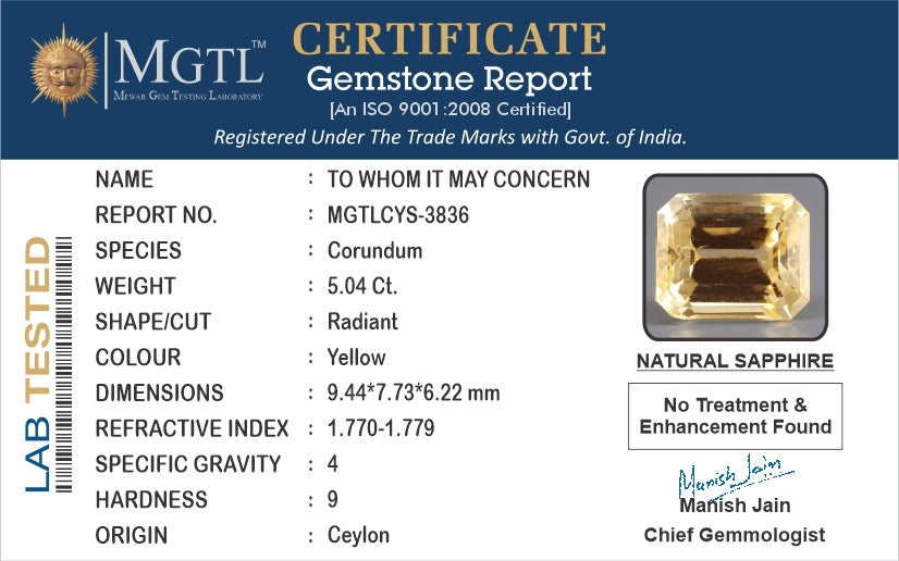 Yellow Sapphire - 5.04 Carats (Pukhraj - 5.49 Ratti)