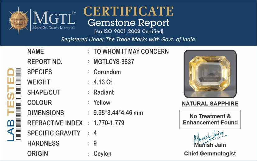 Yellow Sapphire - 4.13 Carats (Pukhraj - 4.50 Ratti)