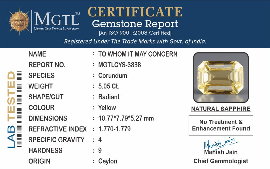 Yellow Sapphire - 5.05 Carats (Pukhraj - 5.50 Ratti)