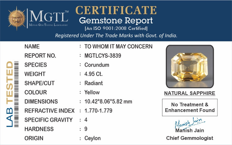 Yellow Sapphire - 4.95 Carats (Pukhraj - 5.40 Ratti)