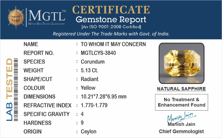 Yellow Sapphire - 5.13 Carats (Pukhraj - 5.59 Ratti)