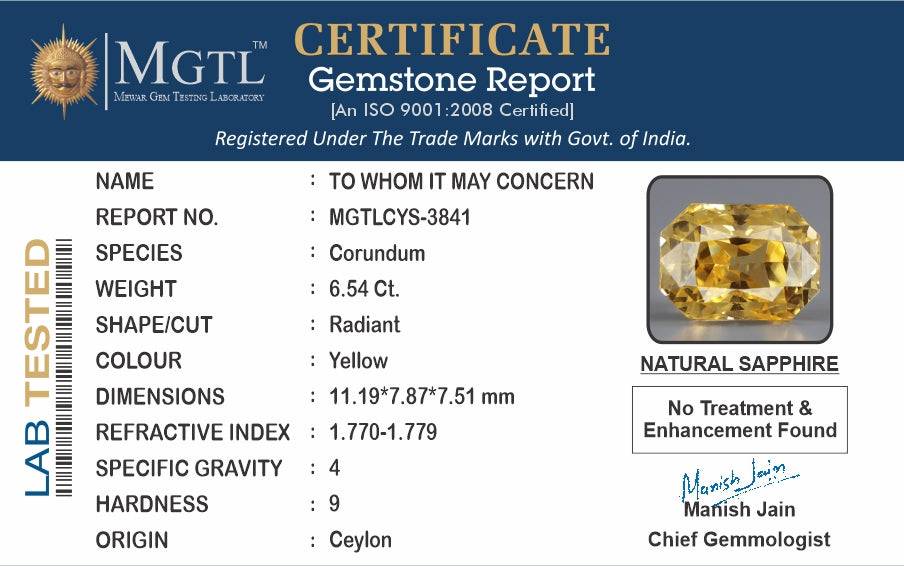 Yellow Sapphire - 6.54 Carats (Pukhraj - 7.13 Ratti)