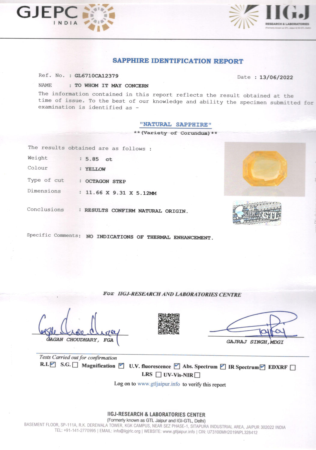 Yellow Sapphire - 5.85 Carats (Pukhraj - 6.38 Ratti)