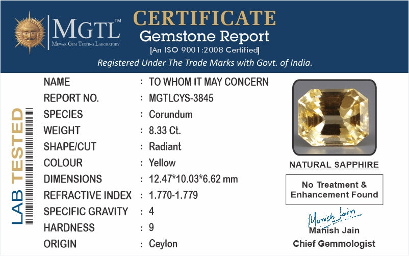 Yellow Sapphire - 8.33 Carats (Pukhraj - 9.08 Ratti)
