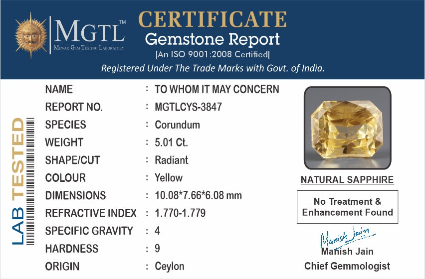 Yellow Sapphire - 5.01 Carats (Pukhraj - 5.46 Ratti)