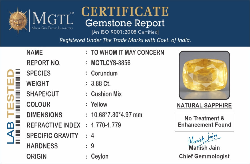 Yellow Sapphire - 3.88 Carats (Pukhraj - 4.23 Ratti)