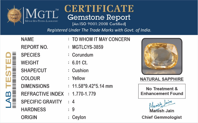 Yellow Sapphire - 6.01 Carats (Pukhraj - 6.55 Ratti)