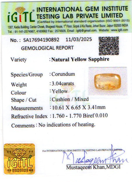 Yellow Sapphire - 3.04 Carats (Pukhraj - 3.31 Ratti)