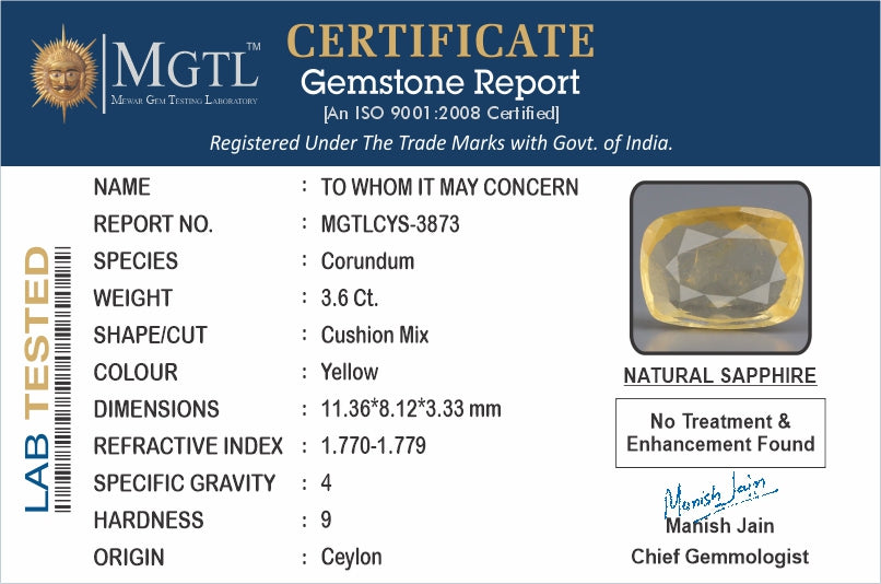 Yellow Sapphire (Pukhraj) - 3.60 Carats
