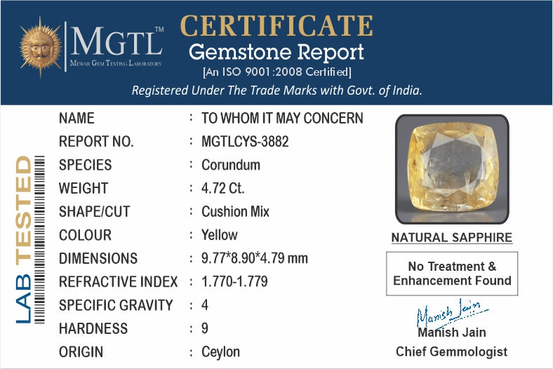 Yellow Sapphire - 4.72 Carats (Pukhraj - 5.14 Ratti)