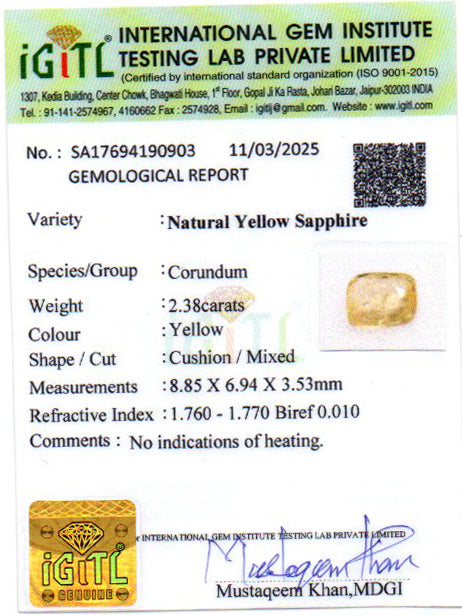 Yellow Sapphire - 2.38 Carats (Pukhraj - 2.59 Ratti)