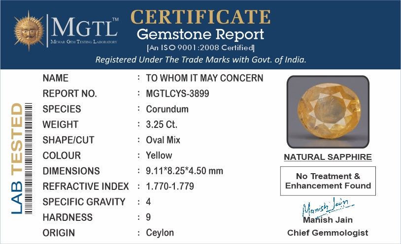 Yellow Sapphire - 3.25 Carats (Pukhraj - 3.54 Ratti)