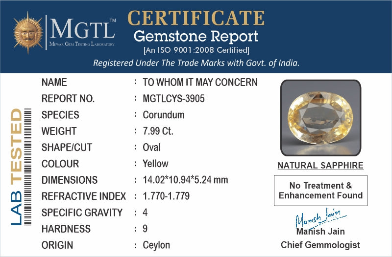 Yellow Sapphire - 7.99 Carats (Pukhraj - 8.71 Ratti)
