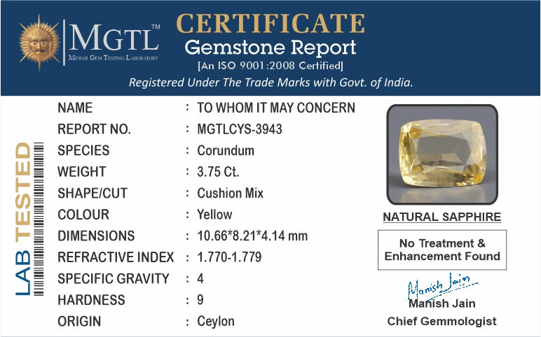 Yellow Sapphire - 3.75 Carats (Pukhraj - 4.09 Ratti)