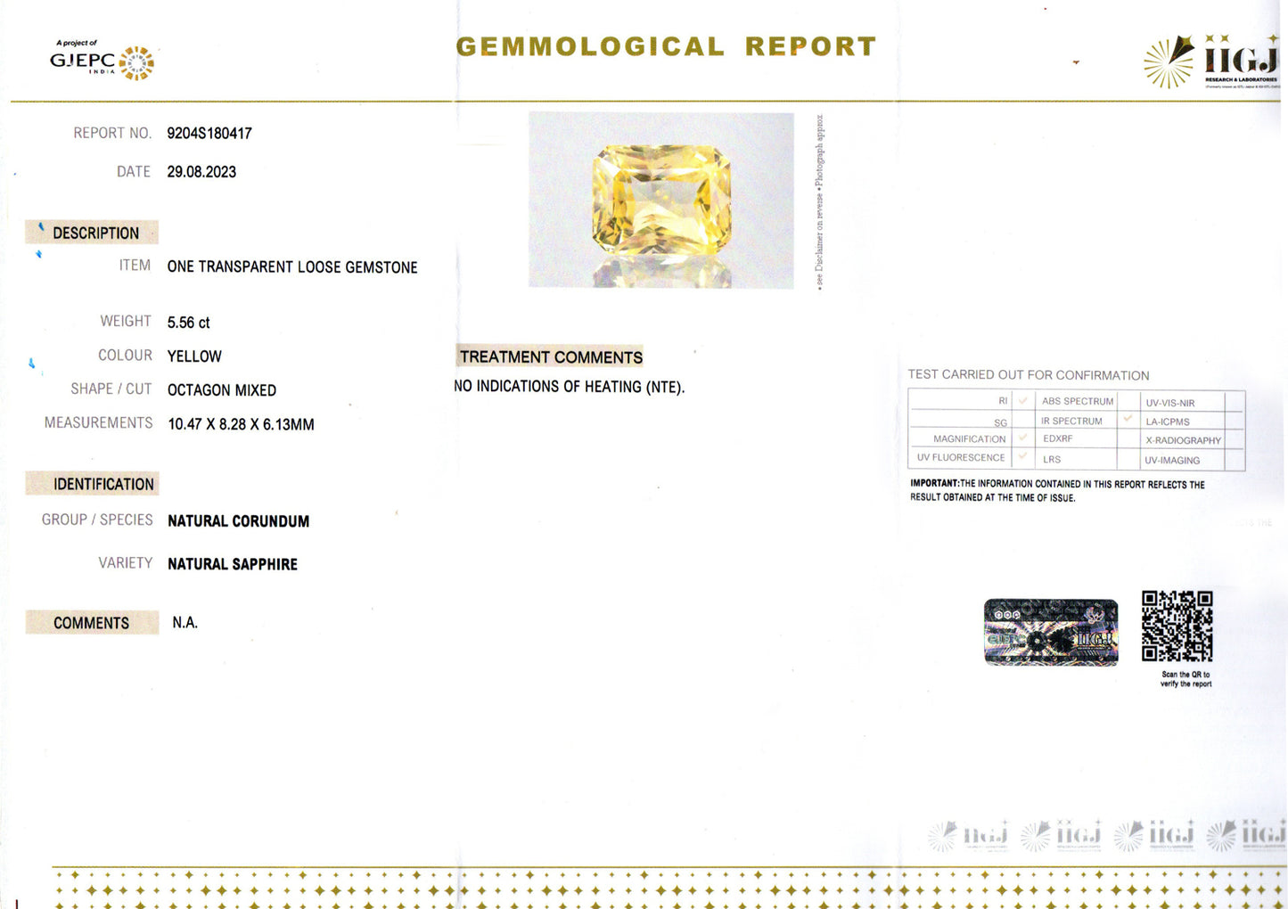 5.56 Carats Octagon Yellow Sapphire