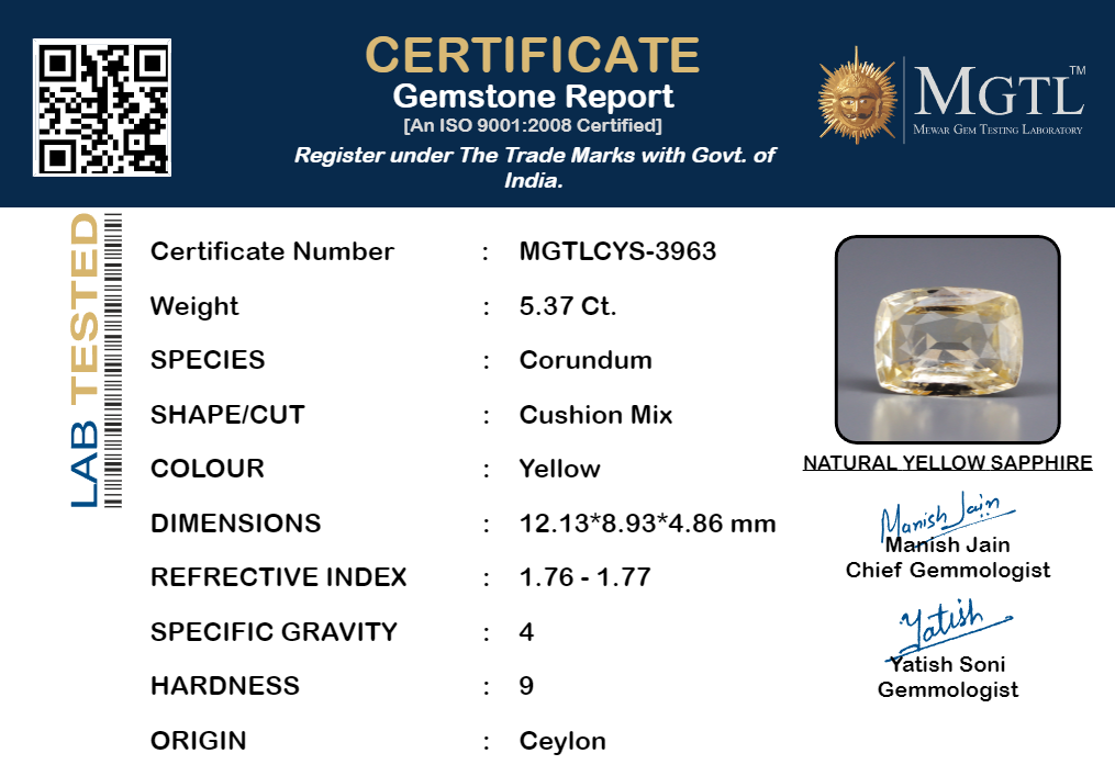Yellow Sapphire - 5.37 Carats (Pukhraj - 5.85 Ratti)
