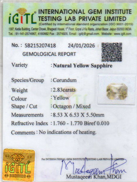 Yellow Sapphire (Pukhraj) Gemstone - 2.83 Carats